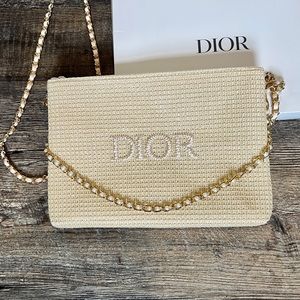 ⭐️ DIOR Raffia Straw Wicker Tan Crossbody Makeup Case Cosmetic Pouch Bag Clutch
